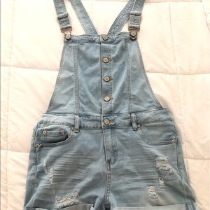 Distressed overall shorts
